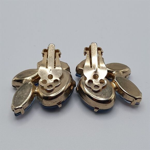 Vintage GARNE Blue Rhinestone Clip-On Earrings Fire Polished 50s-60s - Picture 11 of 12